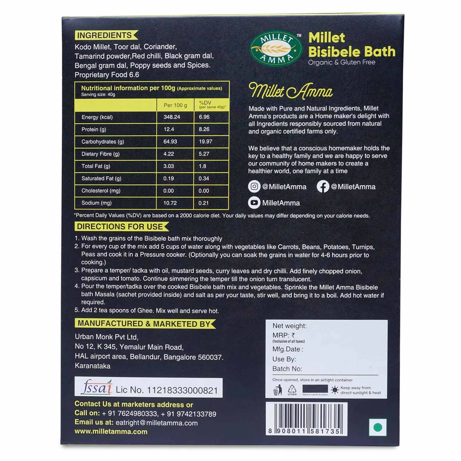 Millet Amma Organic Millet Bisibele Bath Mix - Grab2buy