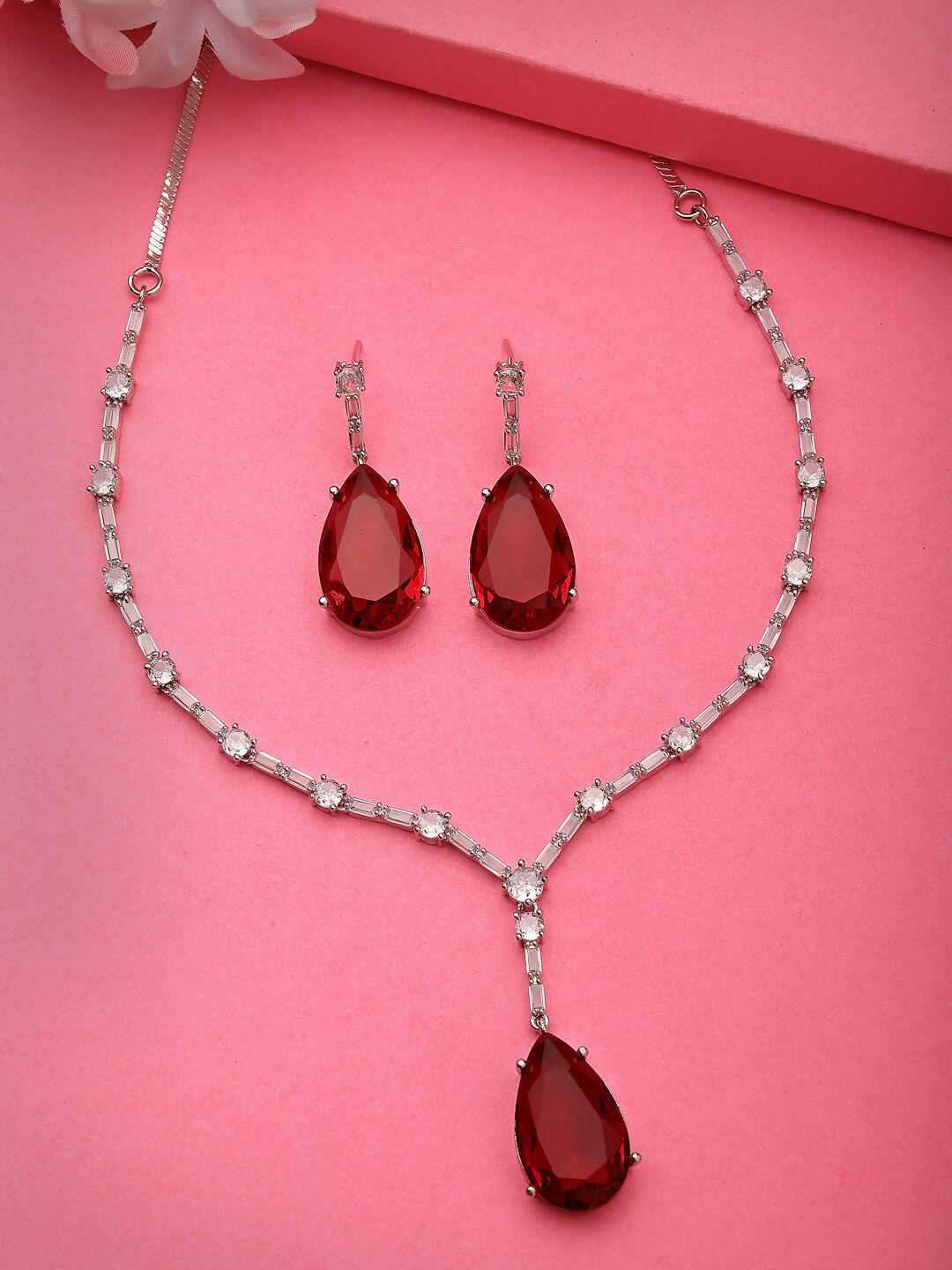 NVR Women's Silver-Plated Red Artificial Stones Studded Handcrafted Jewellery Set - Grab2buy