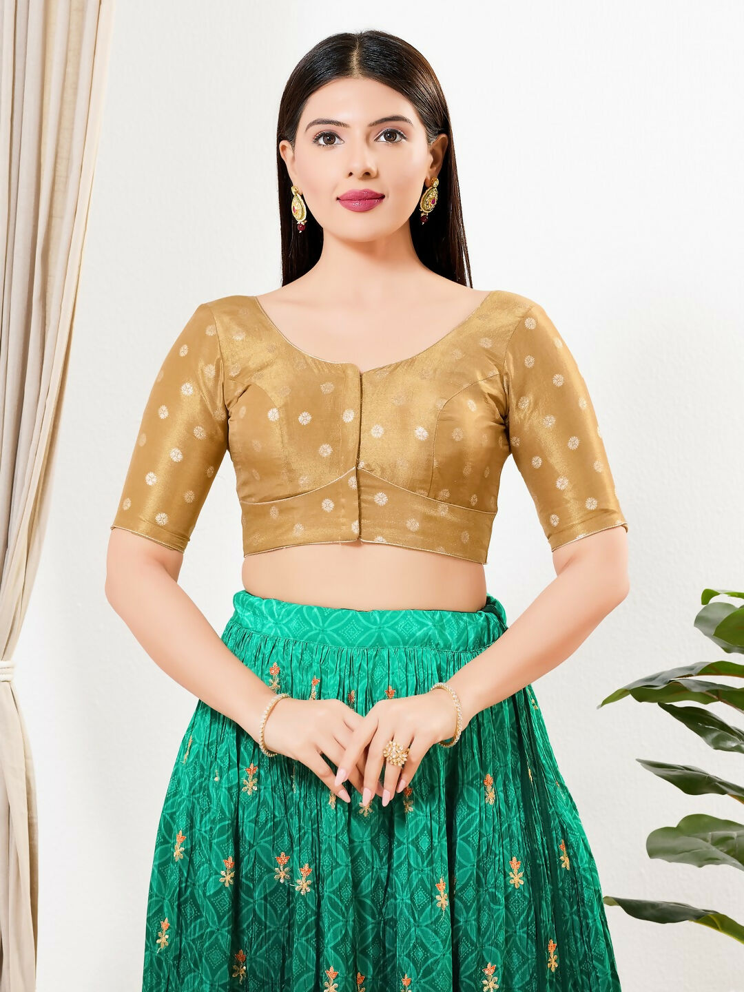 Joban Fashion Gold Tissue Padded Blouse With Round Neck Elbow Sleeves
