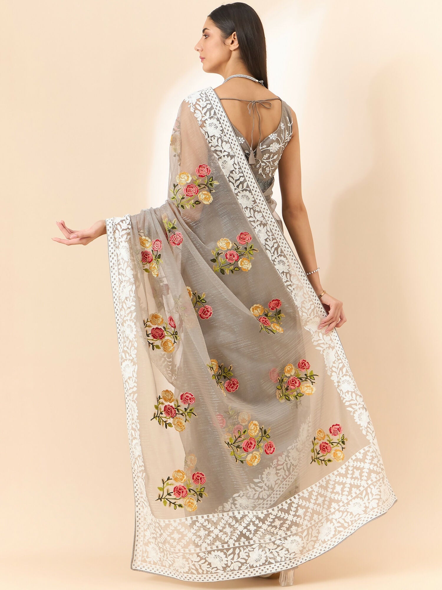 Grey Organza Floral Embroidered Saree with Unstitched Blouse Piece - Roozal
