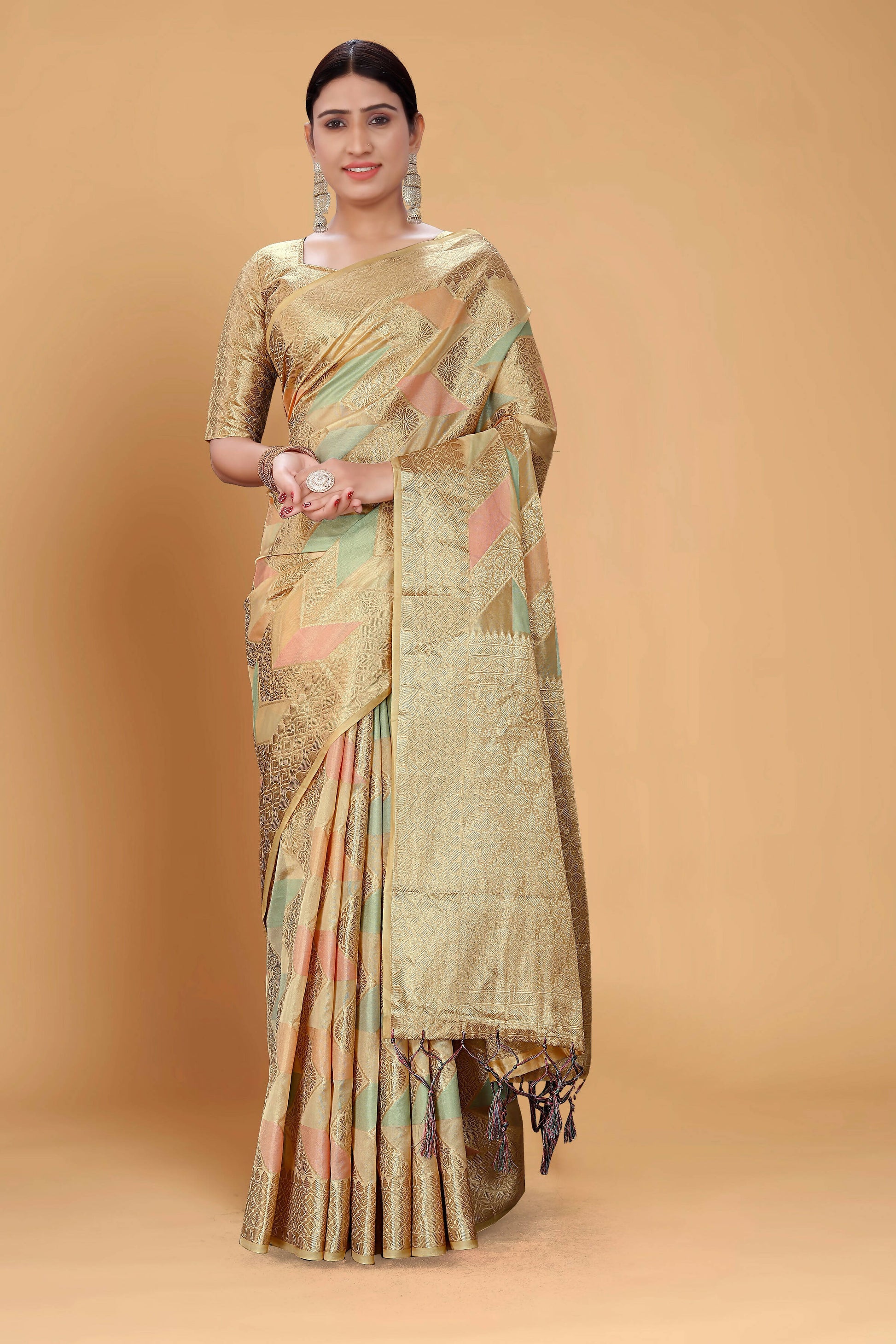 Beige Soft Organza Woven Design Saree With Unstitched Blouse Piece - Zaara