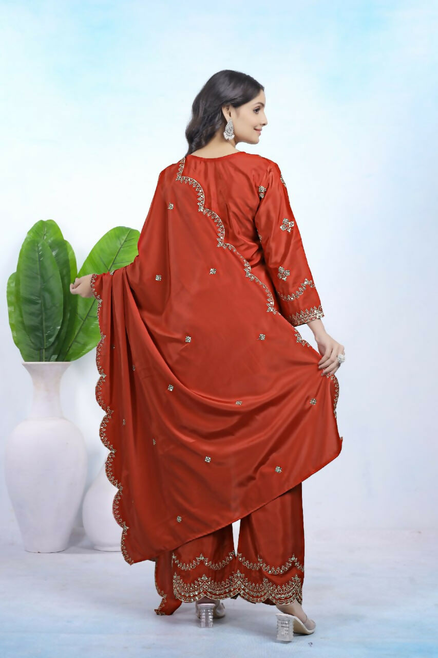 Teeya Creation Dark Orange Color Natural Crepe Silk Wedding Wear Trending Salwar Suit