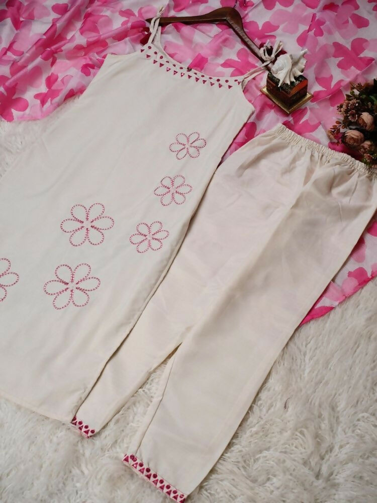 Teeya Creation Women’s Straight Cotton Kurta Pant Set with Floral Organza Dupatta Set