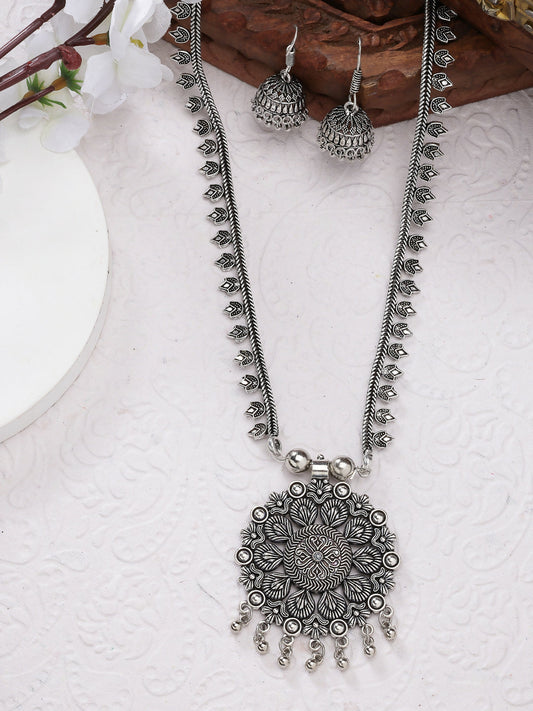 NVR Women's Silver-Toned Floral Shape Oxidized Necklace with Jhumka Earrings - Grab2buy