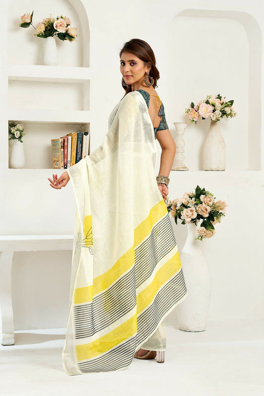 Joban Fashion Off-White Striped Linen Ready To Wear Saree With Unstitched Blouse