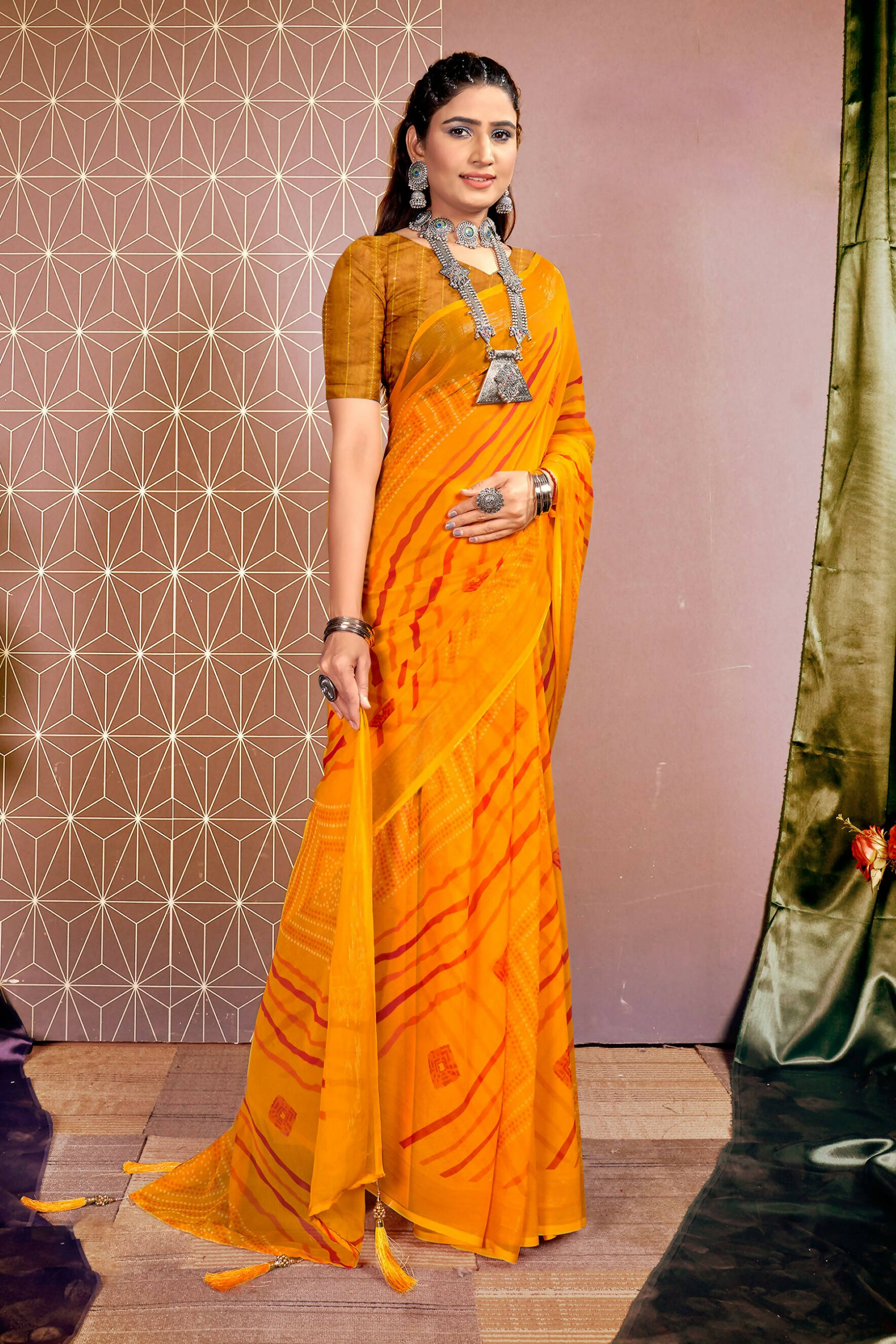 Mustard Chiffon Leheriya Printed Saree With Unstitched Blouse Piece - Shanaya
