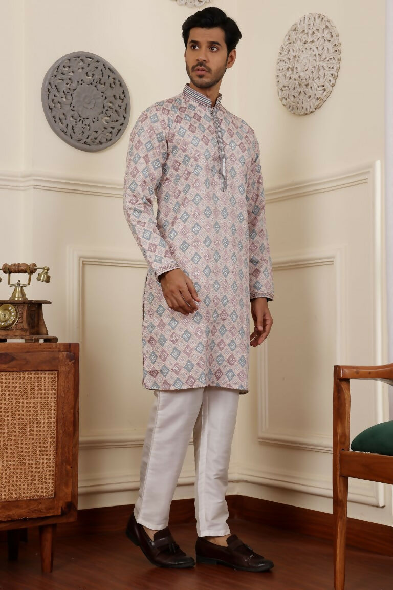Cream Viscose Woven Jacquard Work Men's Rajwadi Kurta Set - Mahotsav