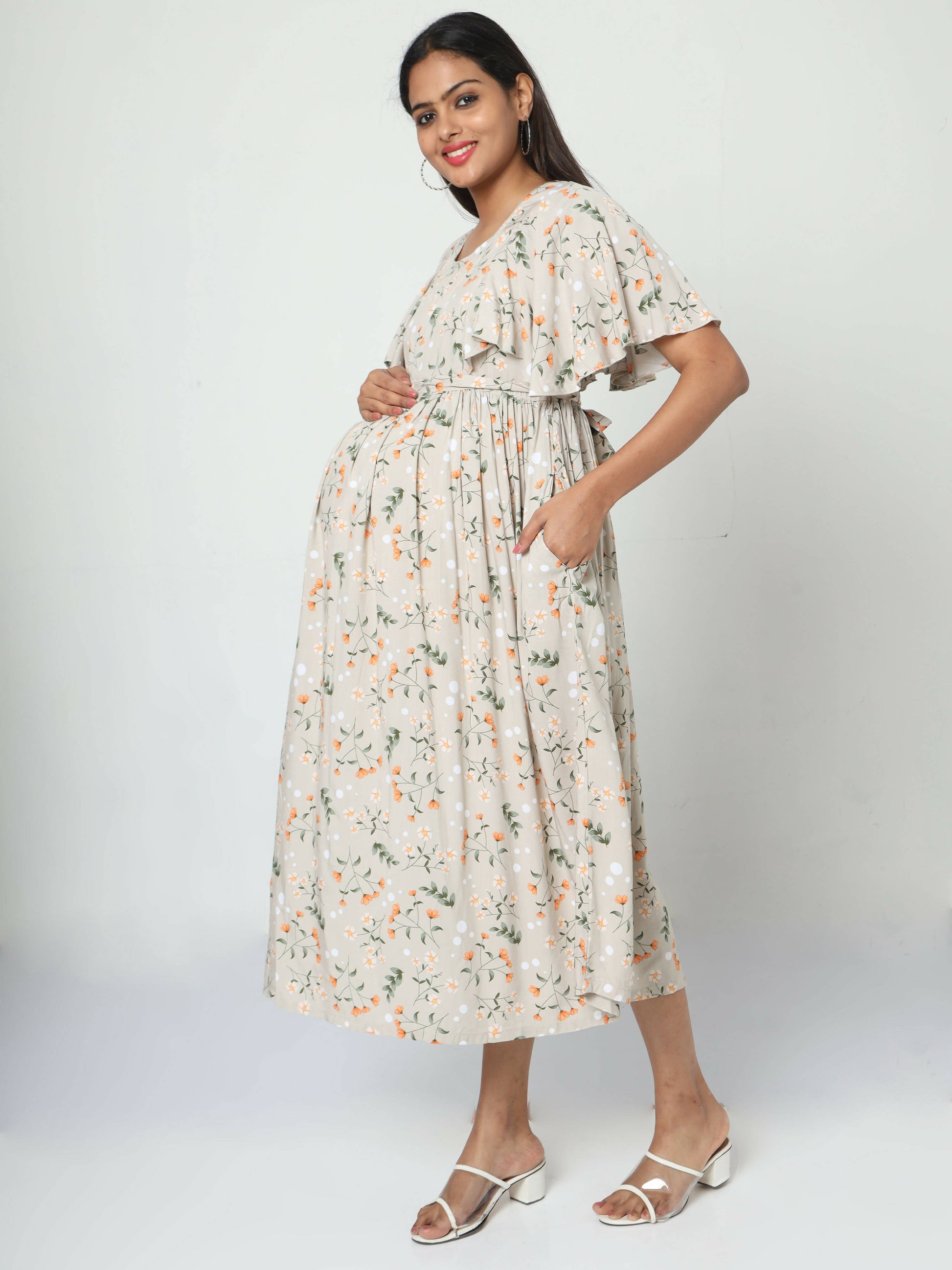 Manet Frill With Sleeves Maternity Dress Floral Print With Concealed Zipper Nursing Access - Cream
