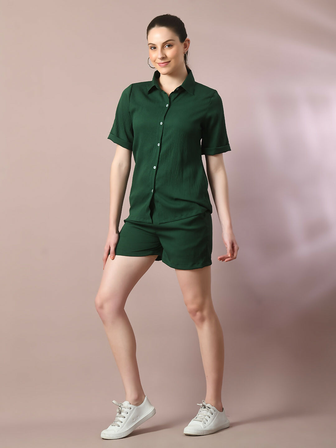 Myshka Women's Green Solid Regular Fit Shirt