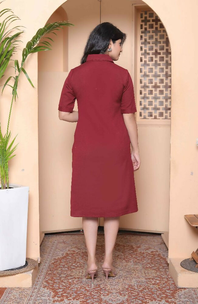 Miravan Womens Maroon Solid A-Line Dress With Belt