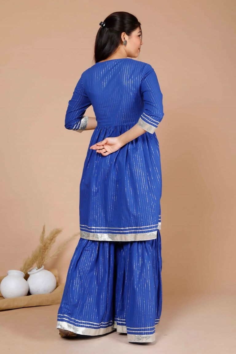 Miravan Women's Blue Printed Pure Cotton A-Line Kurti With Sharara