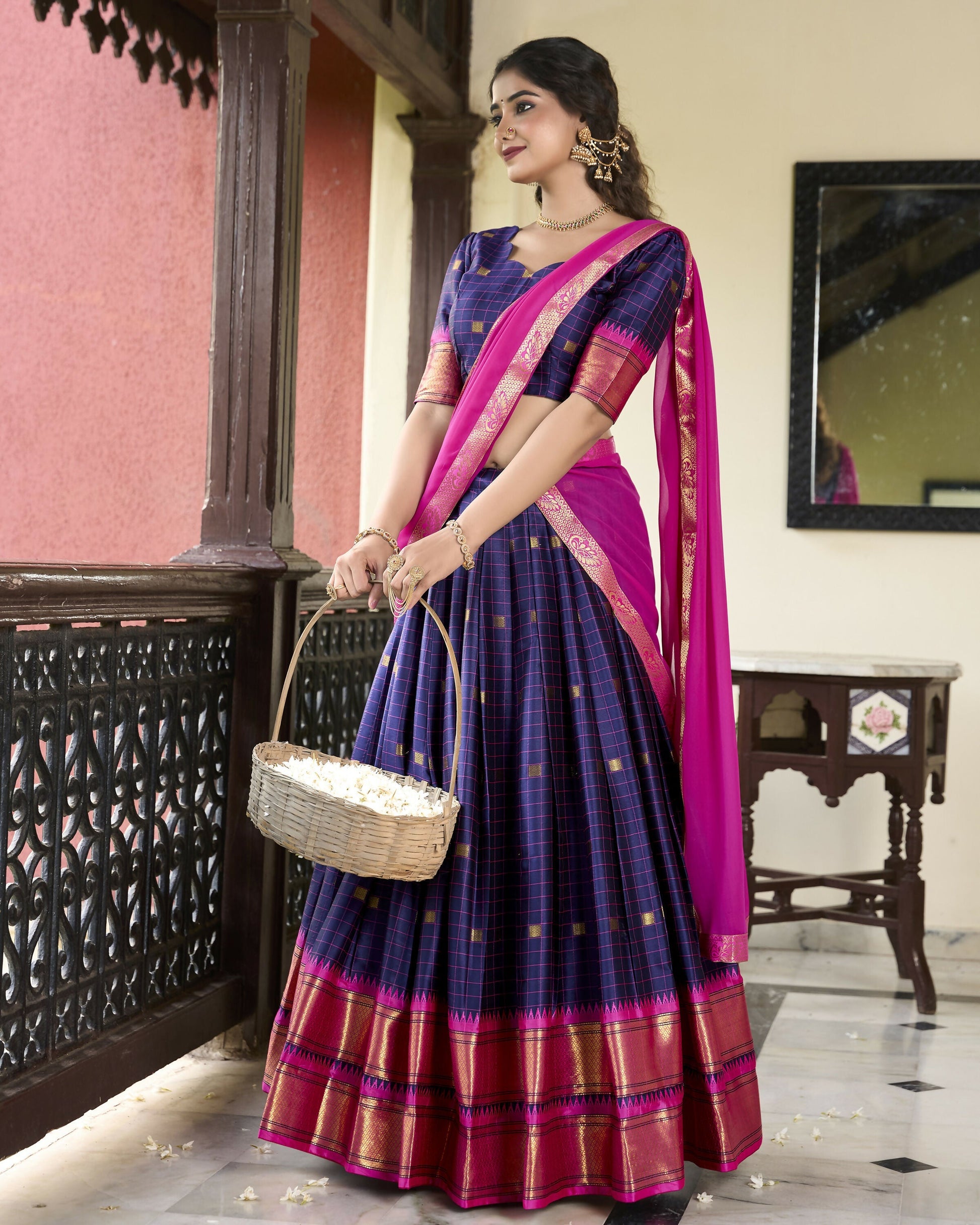 Lorenvalley Navyblue Cotton Silk Weaving Work With Paithani Concept Lehenga Choli 