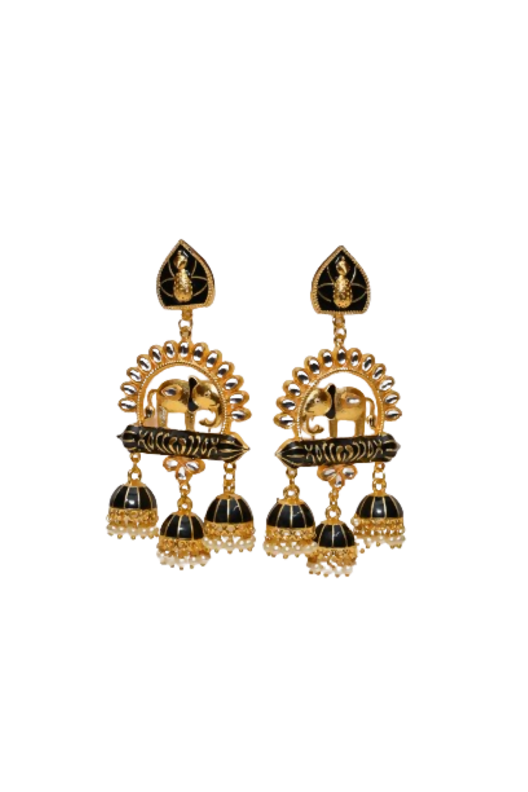 Black Traditional Gold-Polished Elephant Design Kundan Jhumka Jhumki Earrings Indian Jewellery For Women & Girls By House of Ree House of Ree
