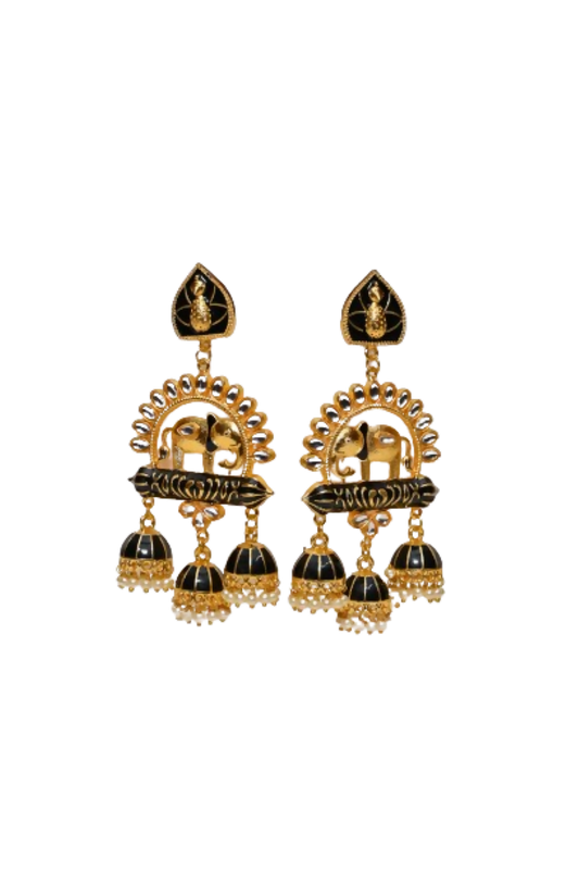 Black Traditional Gold-Polished Elephant Design Kundan Jhumka Jhumki Earrings Indian Jewellery For Women & Girls By House of Ree House of Ree