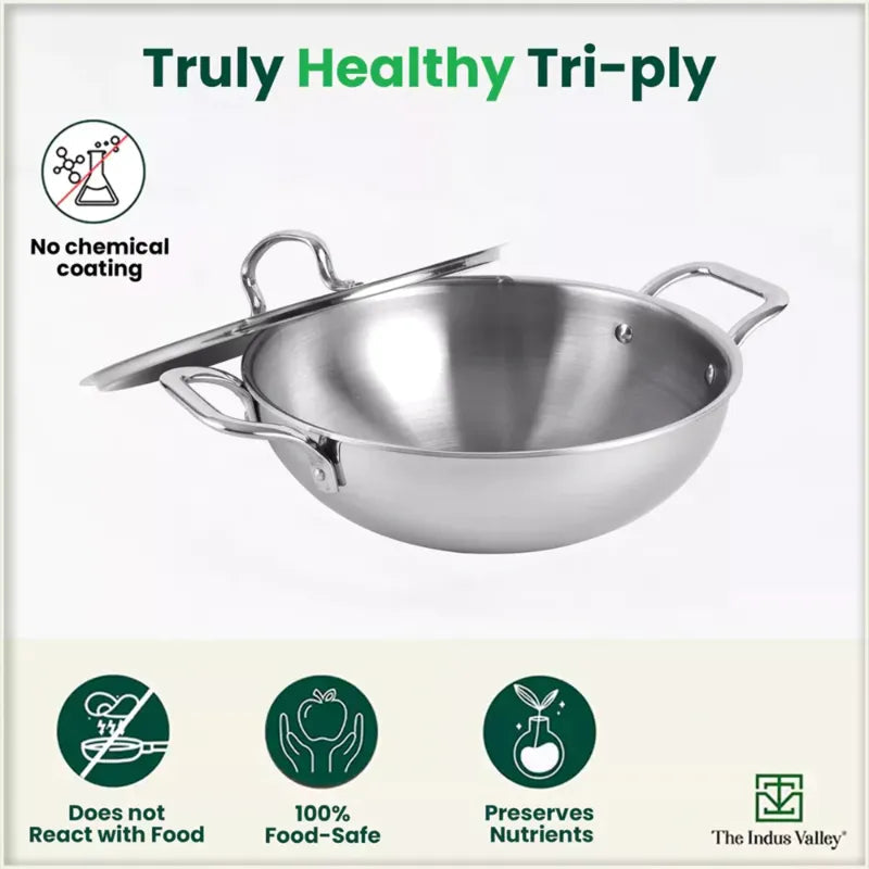 The Indus Valley TurboCuk Tri-ply Stainless Steel Cookware Set: 3L Kadai with Lid + 1.4L Fry Pan, Premium Quality, 3 Layer Thick Body, 100% Toxin-free, Non-stick, Induction & Gas  Grab2Buy The Indus Valley Grab2Buy