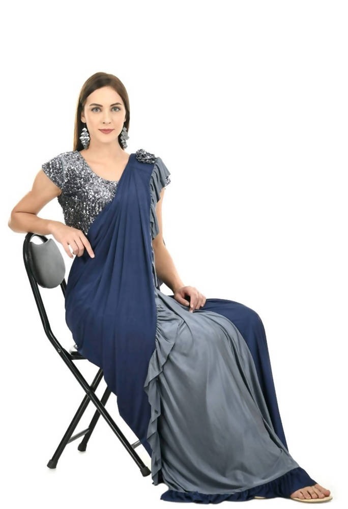 Gray And Blue Ruffled Ready To Wear Saree