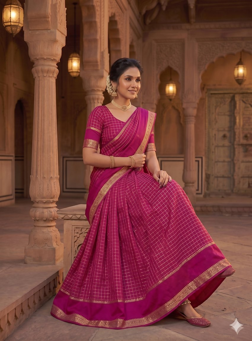 Teeya Creation New South Indian Silk Checked Half Saree Lehenga Choli with Zari Border-Rani-Pink