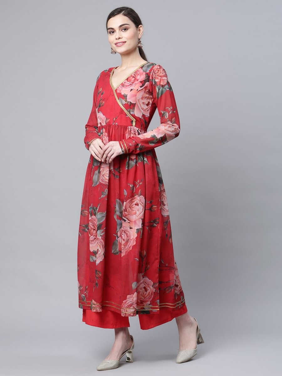 Ahalyaa Women Red Georgette Digital Floral Printed Kurta Palazzo Set - Grab2buy
