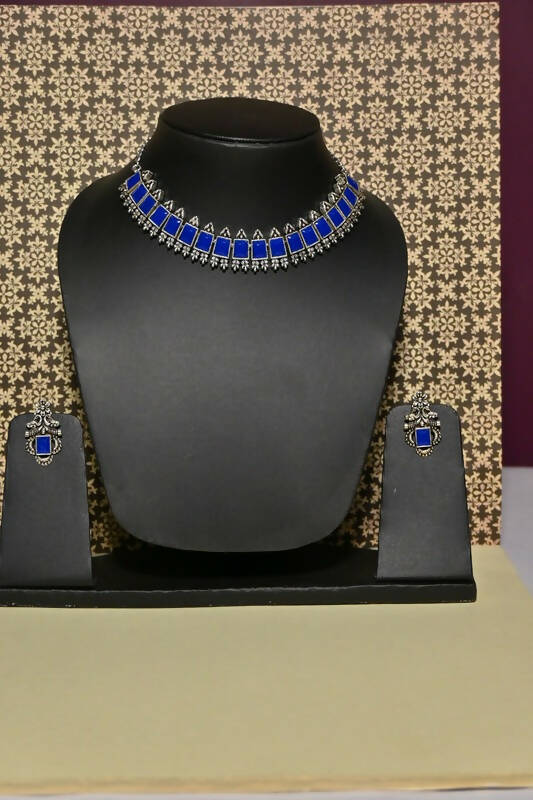 Artificial Stone Studded Oxidized Necklace Blue Jewellery set with 1 Pair of Earrings By House of Ree - Grab2buy