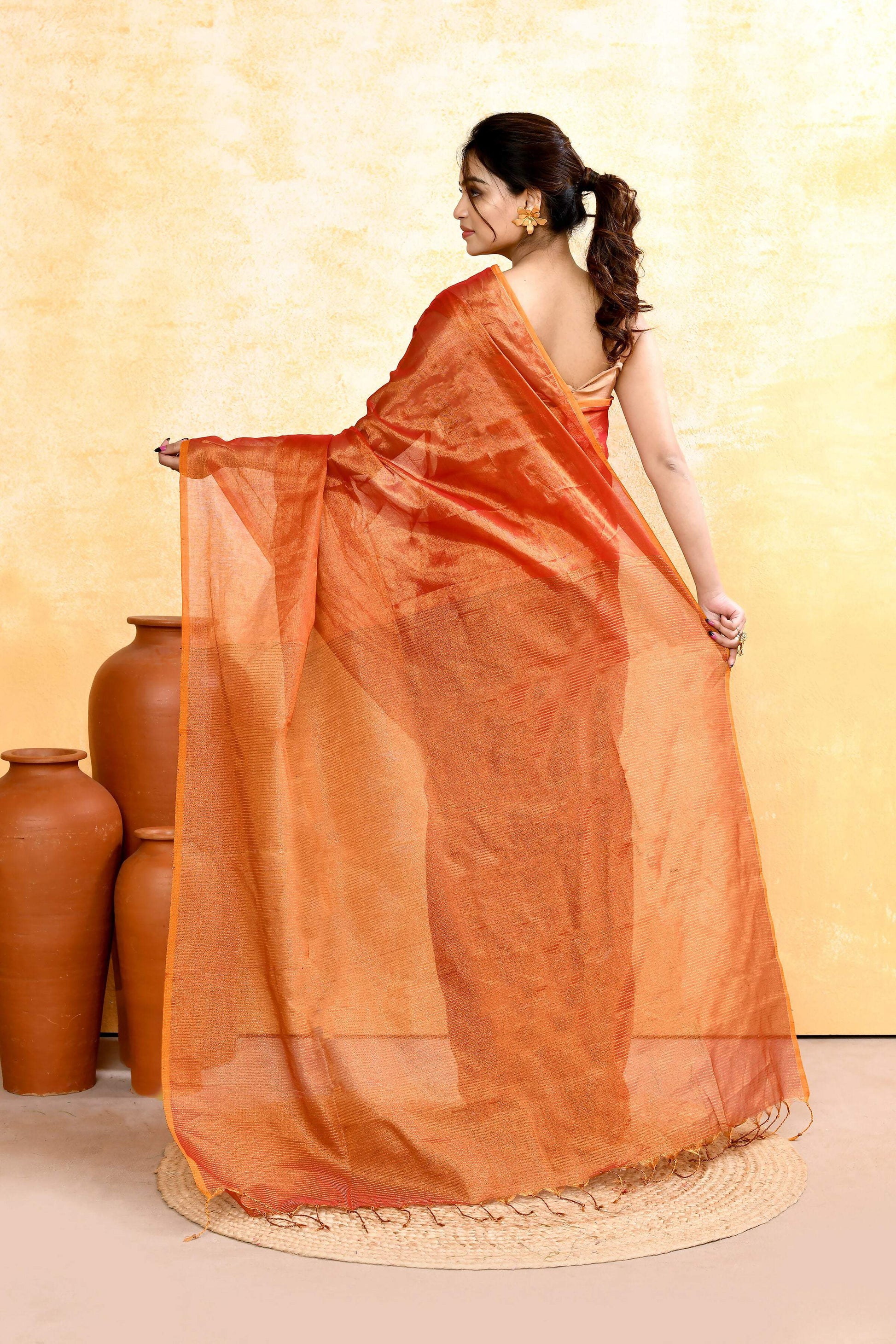 Piyari Fashion Women's Rust Dual Tone Organic Tissue Saree With Blouse Piece