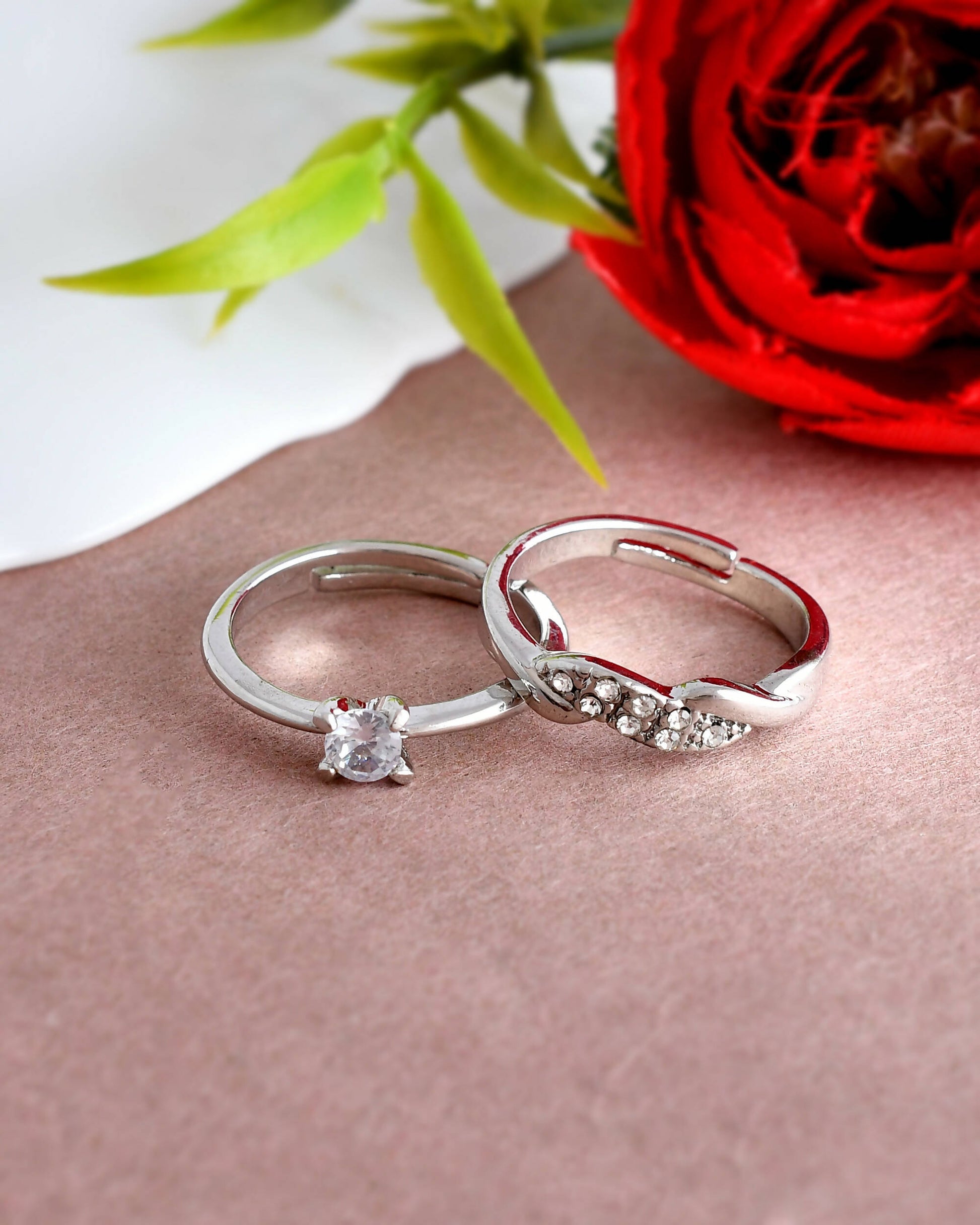 VOJ Stainless Steel Cubic Zirconia Silver Plated Adjustable Ring Set for Couple 