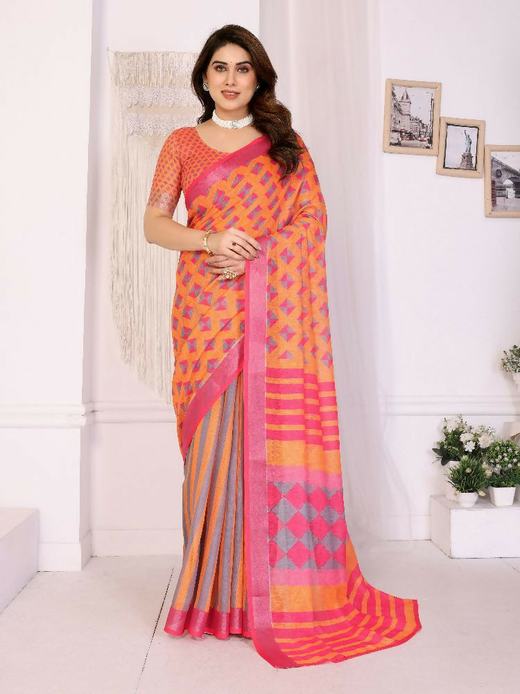 PR Fashion Orange Handloom Linen Cotton Zari Saree