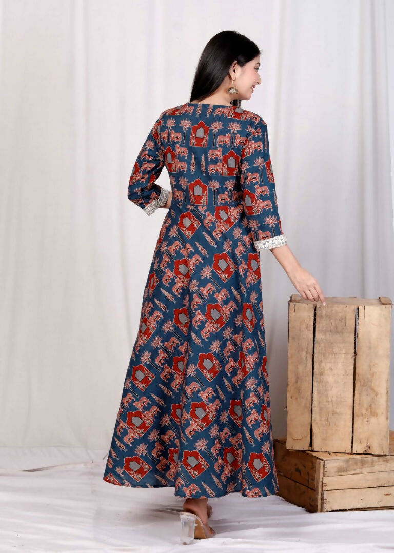 Miravan Women's Pure Cotton Blue Zari Lace Anarkali Kurta with Printed Dupatta Set