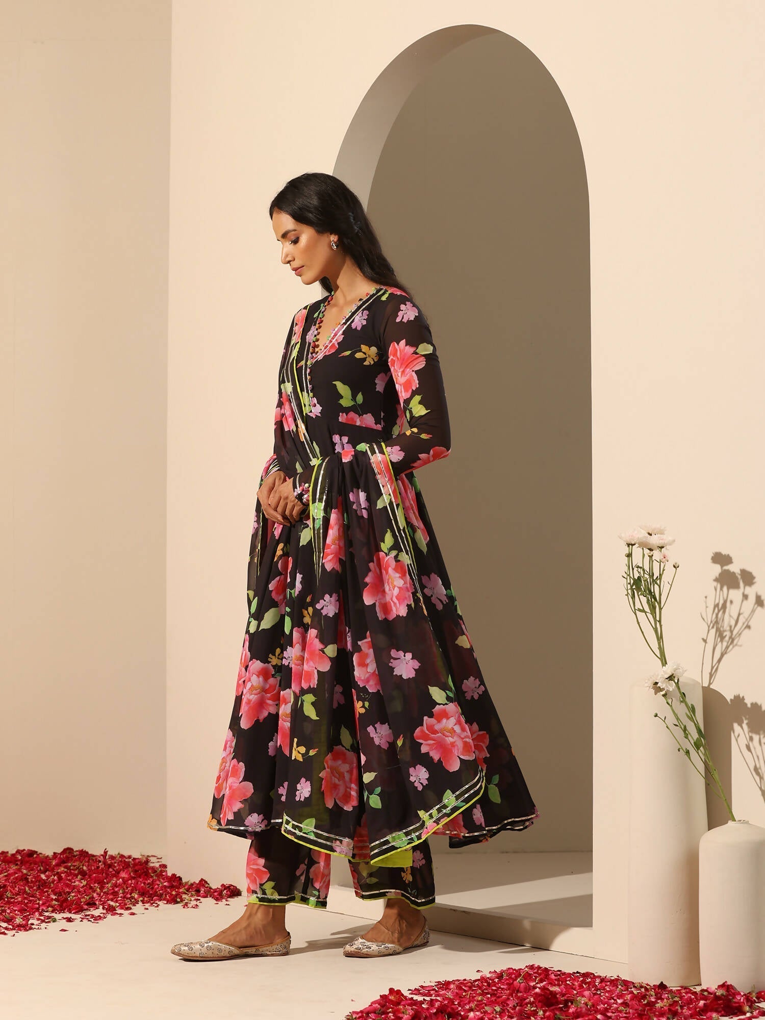 Pomcha Jaipur Black Gul Gulabi Phool Anarkali Set 