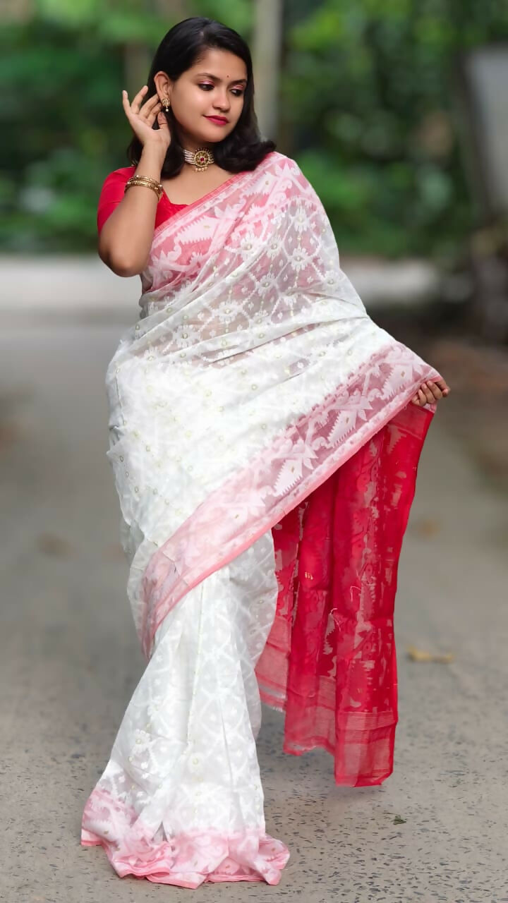Exclusive Collection White Red White Red Jamdani Grab2Buy 
