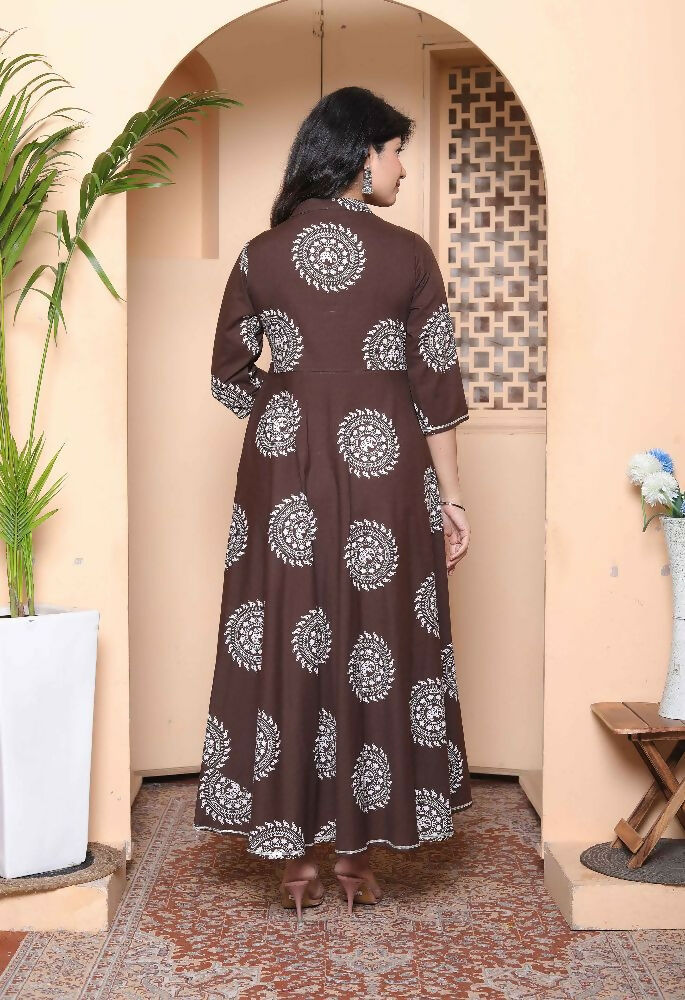 Miravan Womens Printed V-Neck Cotton Anarkali Kurta Brown