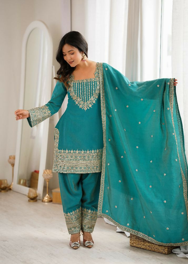 Teeya Creation Designer Rama Green Embroidered Kurta Afghani Pant Set For Festivals