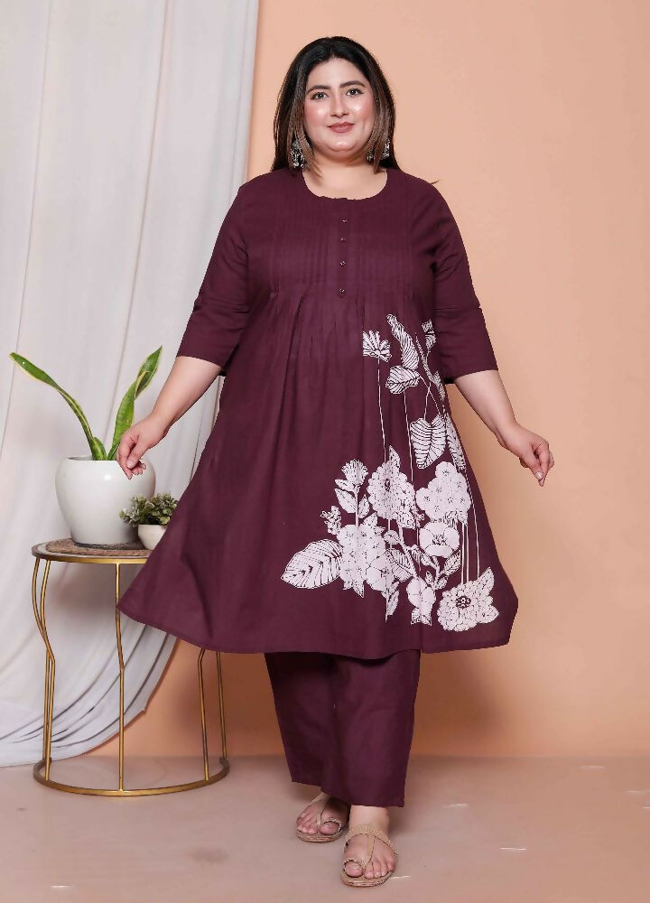 Miravan Womens Plus Size Wine Floral Kurta With Palazzo And Dupatta Set