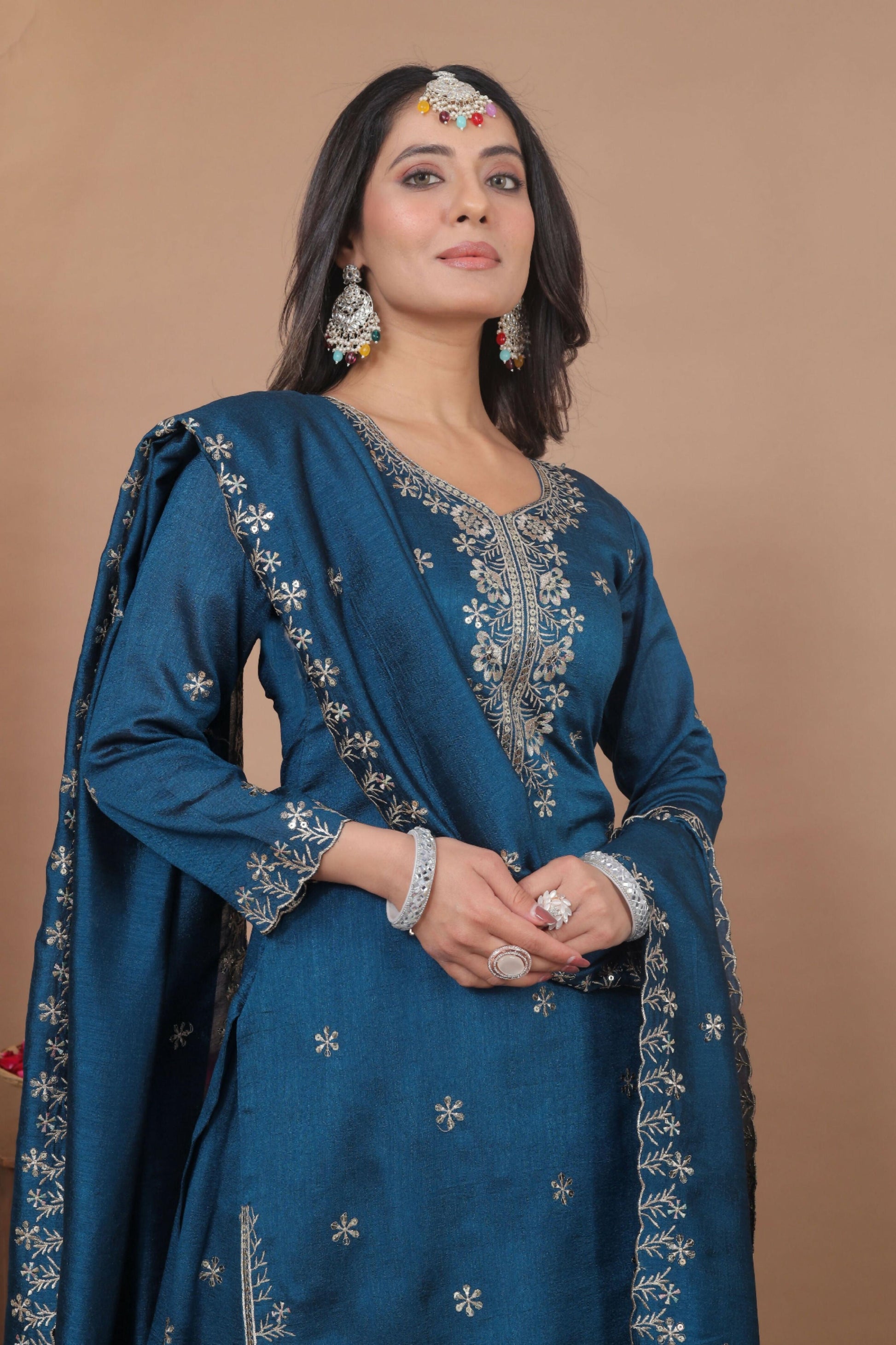 Lehenga Mart Designer Sharara Suit With Kurta, Sharara, Dupatta For Women-Teal Blue