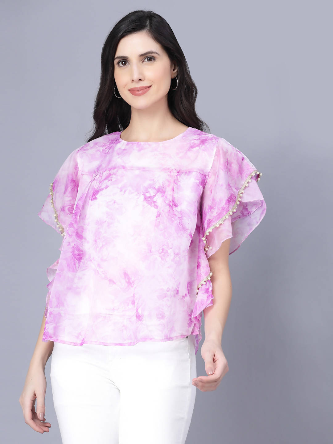 Myshka Organza Printed Short Sleeve Round Pink Women Top