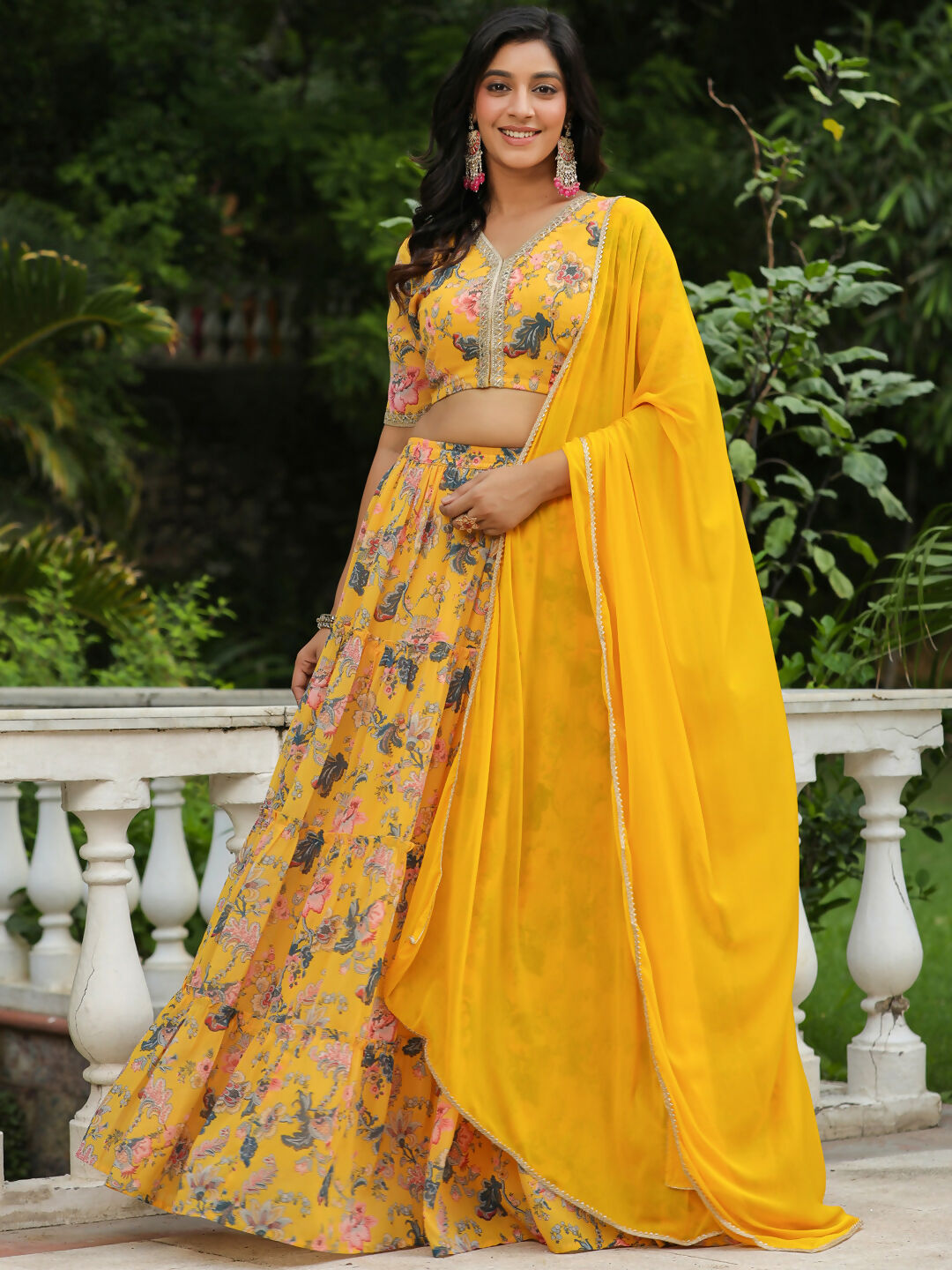 Janasya Yellow Georgette Floral Lehenga Choli Dupatta 
