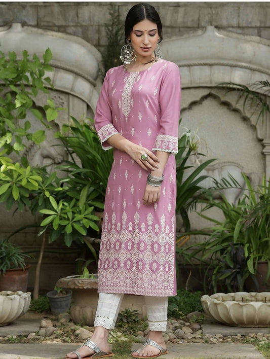 Cheera Embellished Daily Wear Cotton Blend Kurta - Baby Pink - Grab2buy