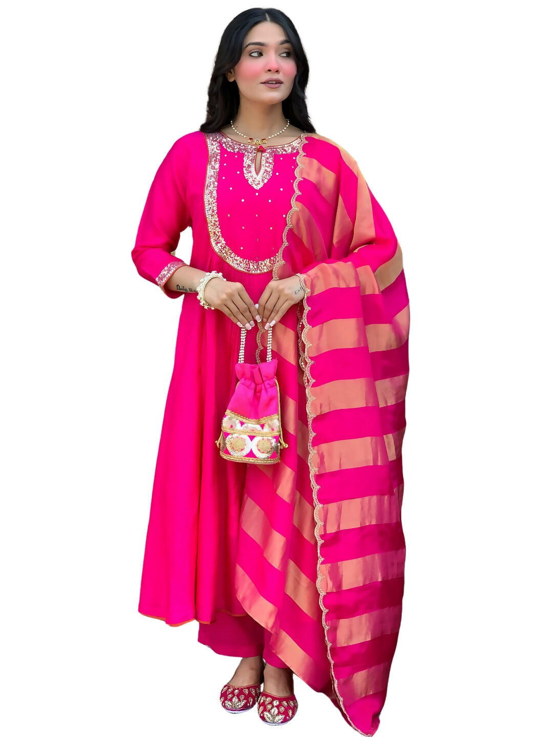 The52 Rani Women's Gorgeous Embroidered Work Chanderi Fabric Flared Kurta Pant and Dupatta Set | Grab2Buy