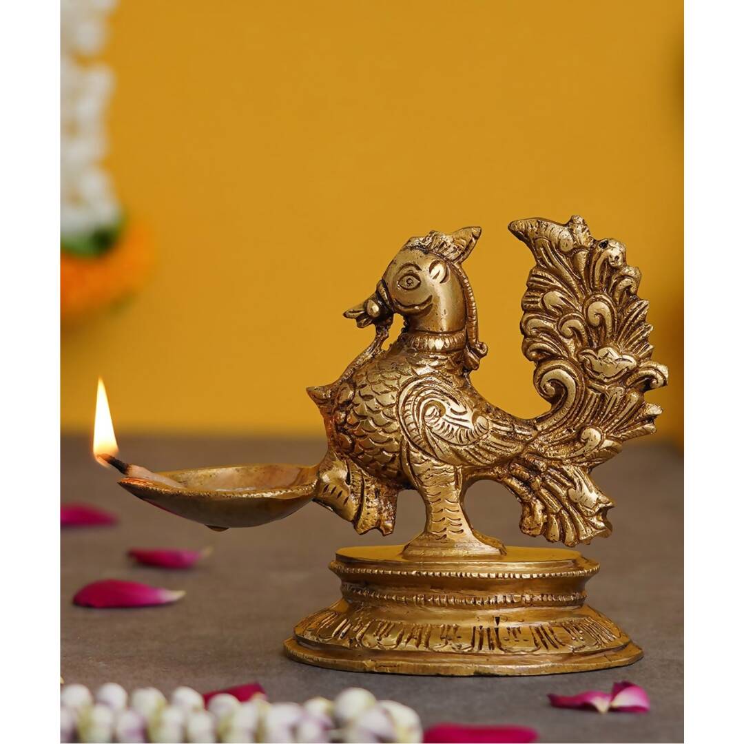 Grab2Buy Gold-Toned Peacock Brass Diya Stand 