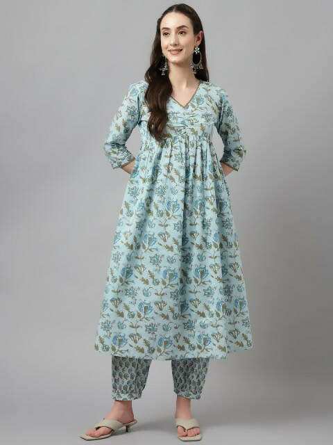FIORRA Women's Sky Blue Pure Cotton Flared Kurta Set 