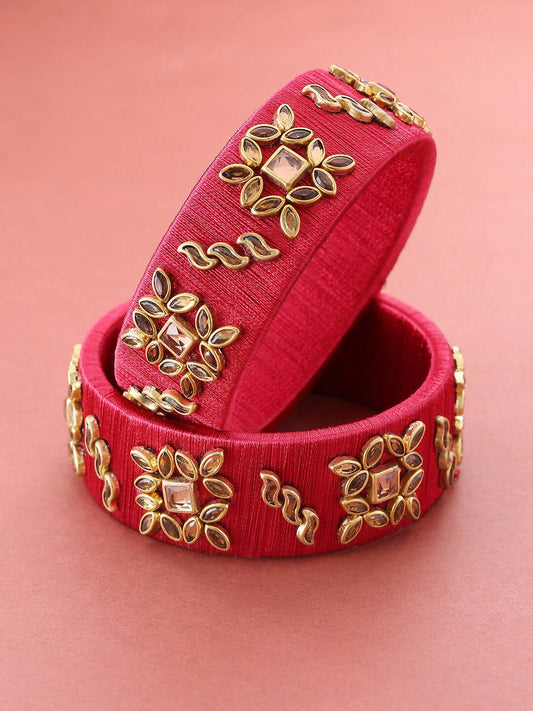 Priyaasi Women Set Of 2 Stones Studded Maroon Threaded Broad Bangles in Floral Pattern | Grab2Buy