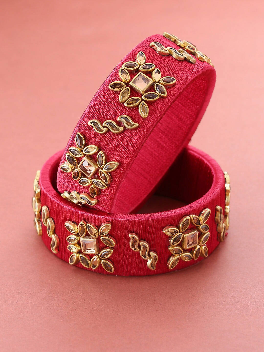 Priyaasi Women Set Of 2 Stones Studded Maroon Threaded Broad Bangles in Floral Pattern 