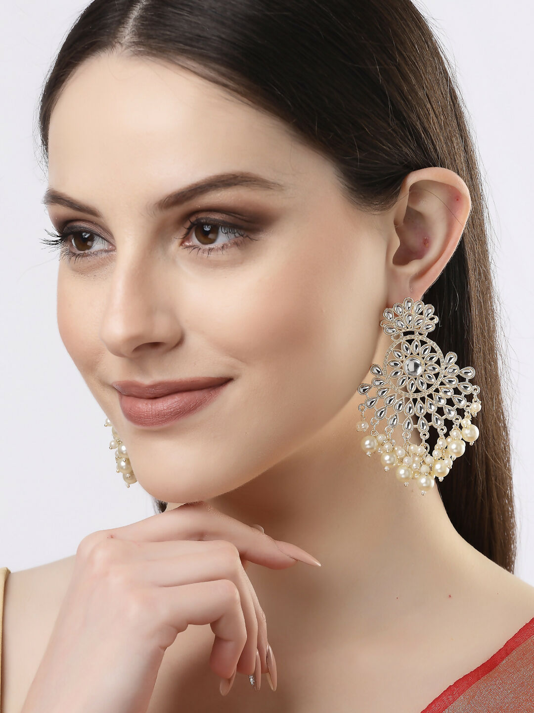 NVR Women Gold-Polished Kundan Chandbali Earrings 