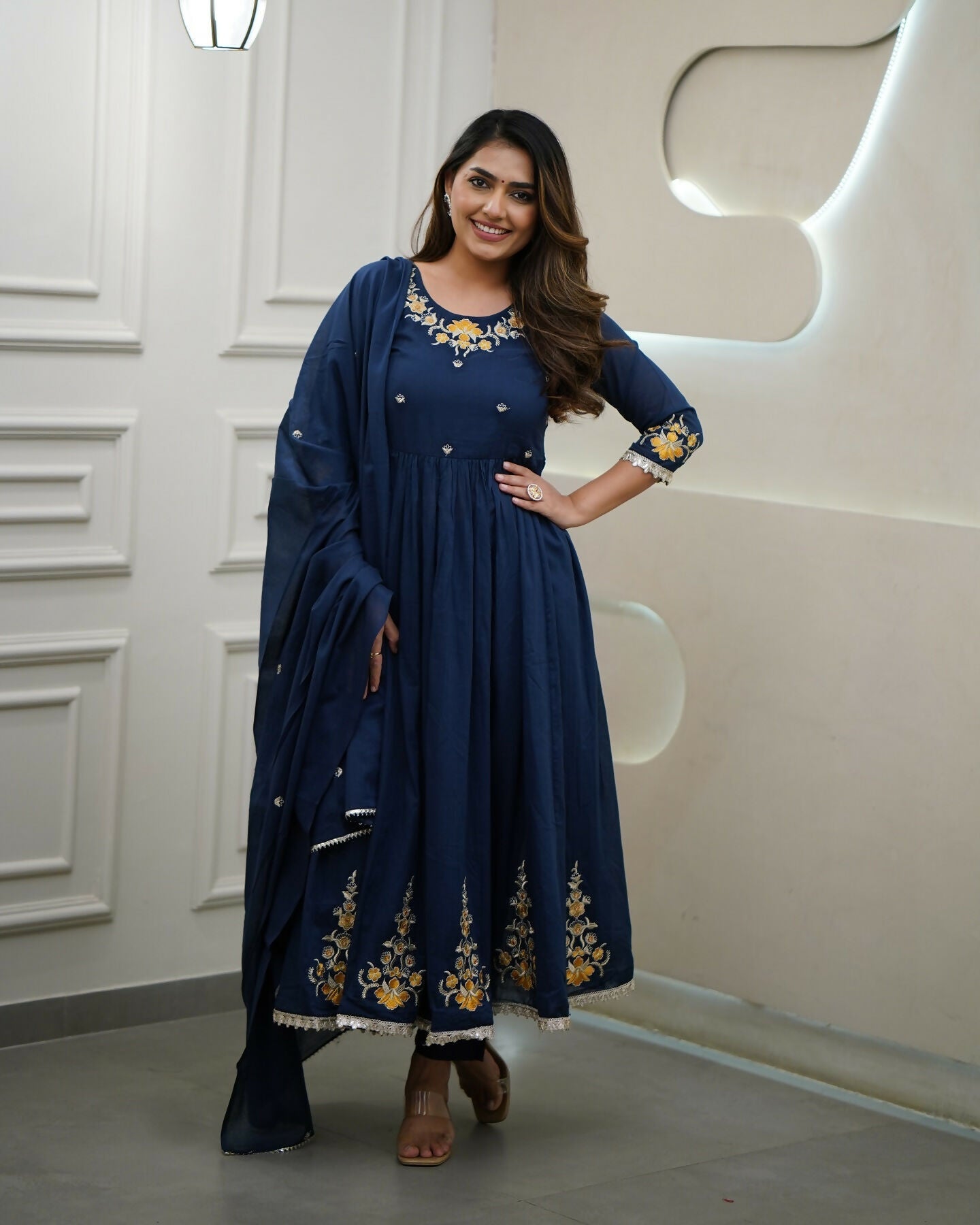 The52 Blue Women's Gorgeous Viscose Fabric Embroidered Work Flared Kurta Pant and Dupatta Set | Grab2Buy