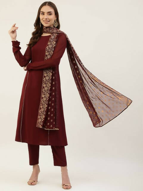 FIORRA Women's Maroon Poly Crepe Straight Kurta Pant With Dupatta 