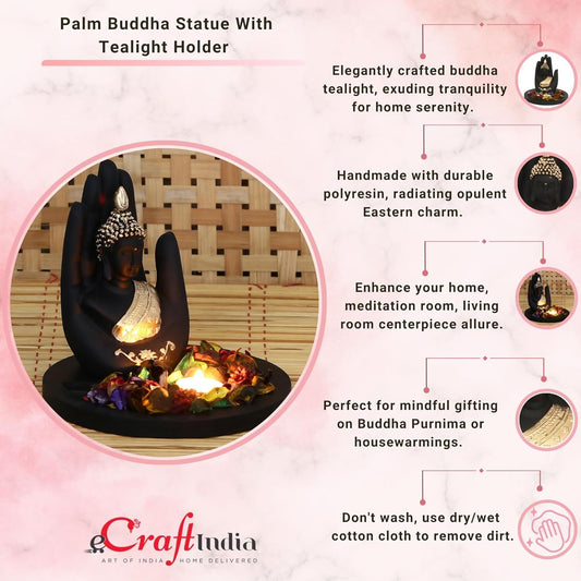 eCraftIndia Black and Golden Polyresin Palm Buddha Statue - Grab2buy