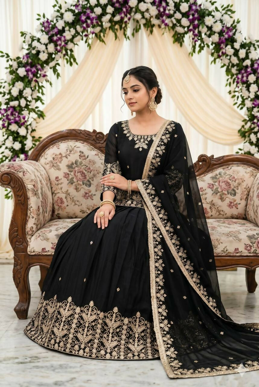 Teeya Creation New Trendy Heavy Embroidery Sequence Work With Real Mirror Hand Work Lehenga Set- Black