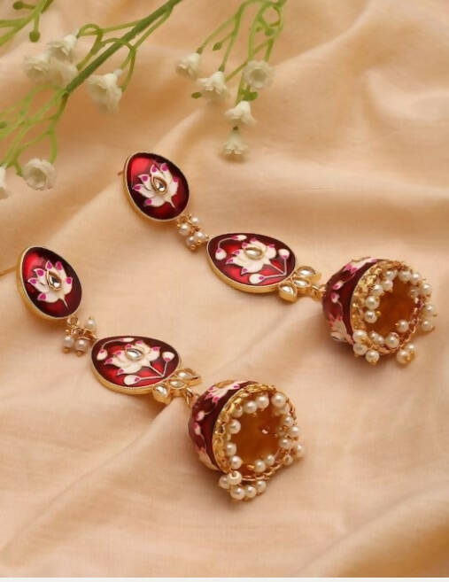 Alloy Base Metal Gold-Toned Kundan Oval Jhumkas Earrings for Women & Girls By House of Ree - Grab2buy