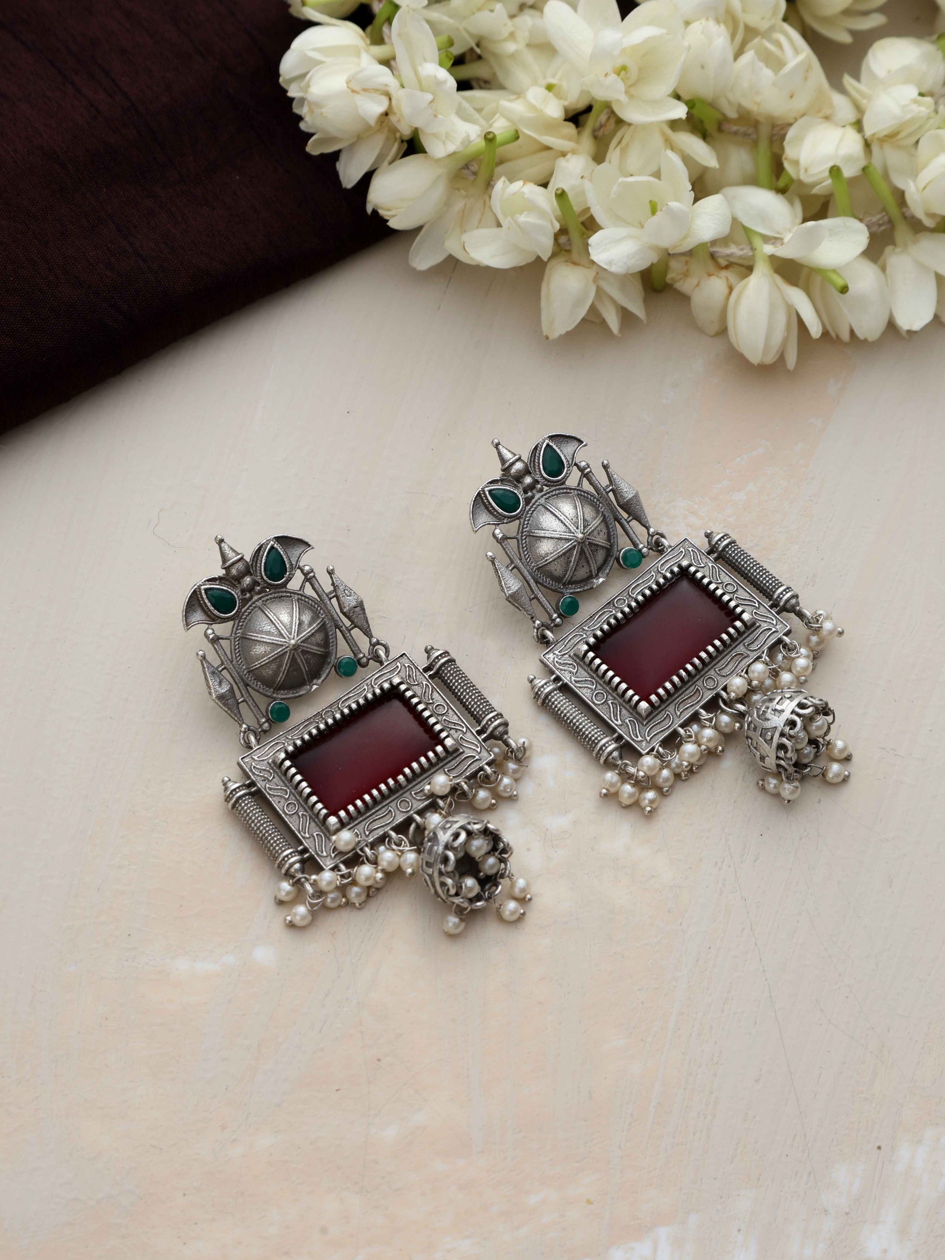 trueBrowns Silver Tone Red Stone Dangle Earrings Truebrowns Lifestyle