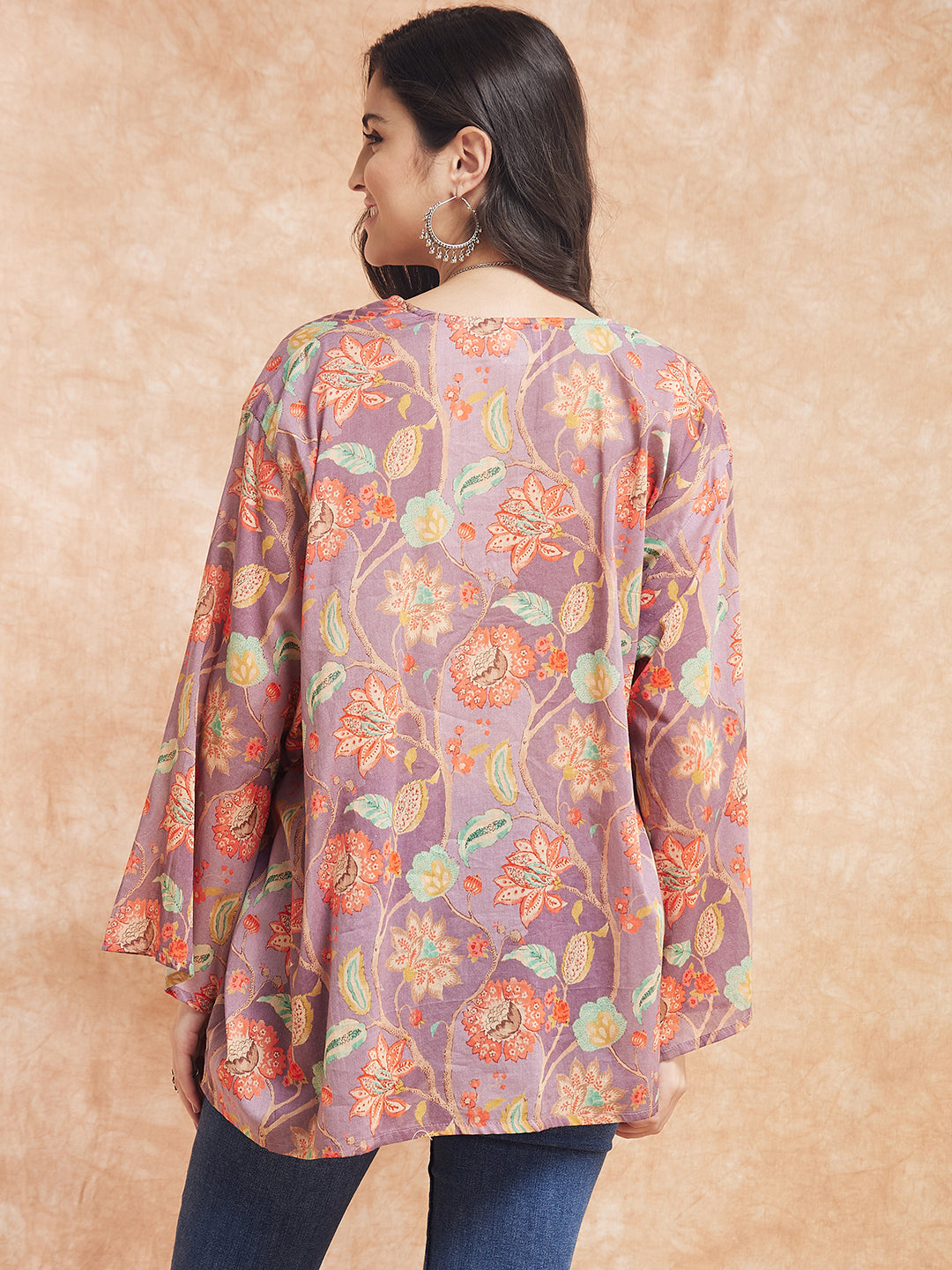 InWeave Women's Dove Grey Floral Digital Print Kaftan Boho Top 