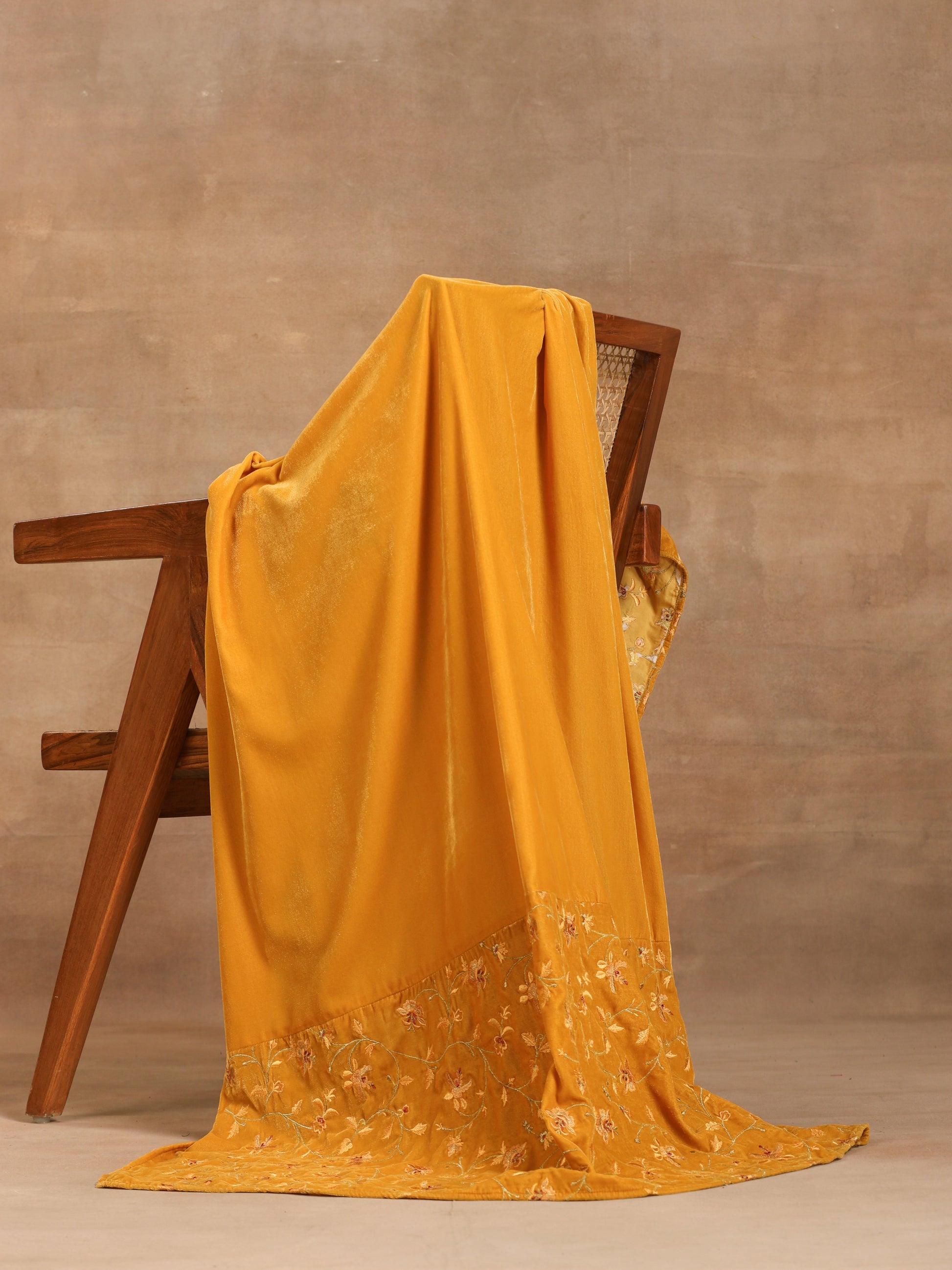 trueBrowns Mustard Velvet Embroidered Shawl - Grab2buy